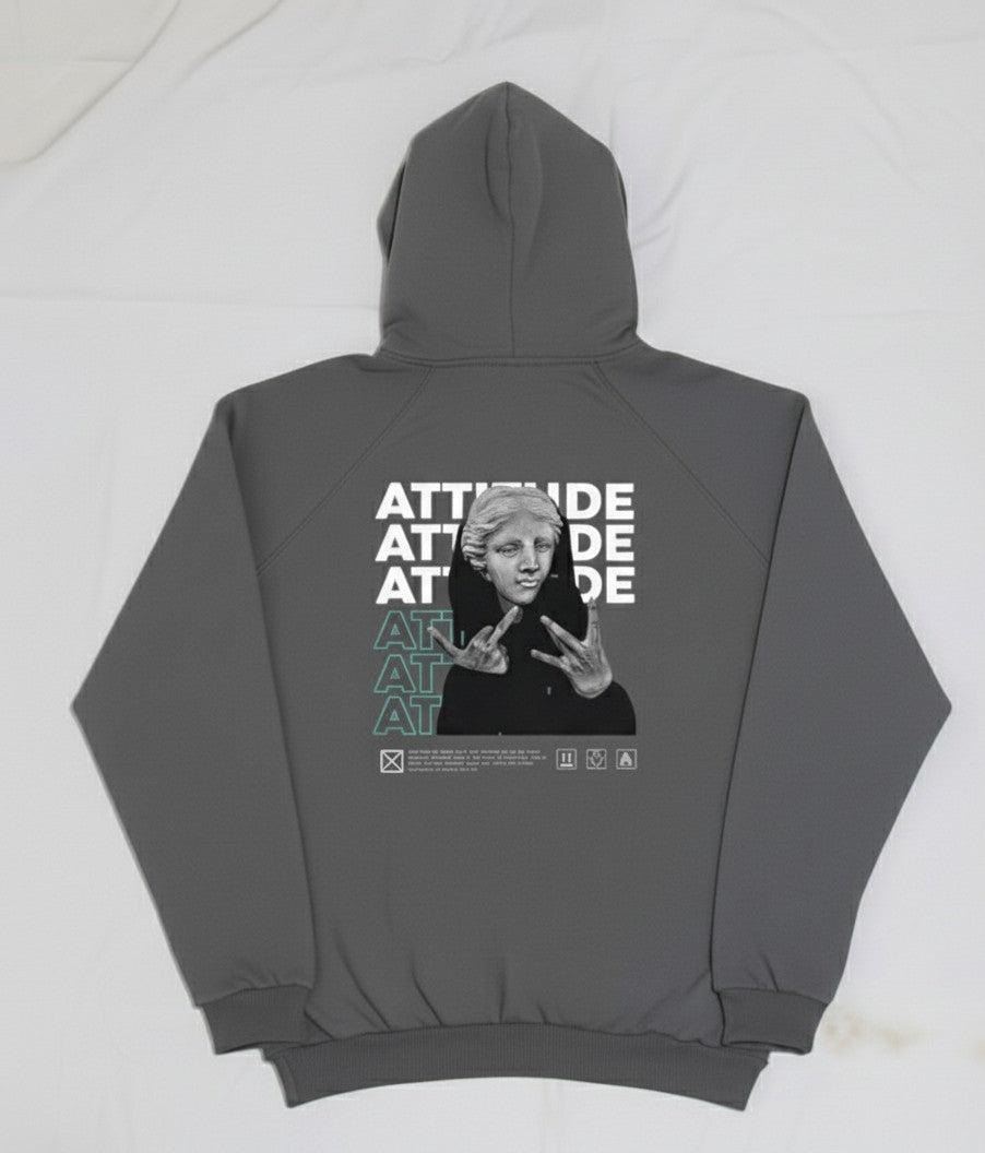 Gray hoodie with a graphic design on the back featuring text and a person.