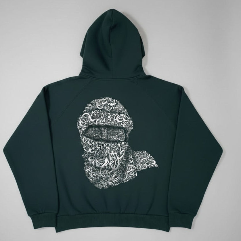 Dark green hoodie with a white graphic design on the back against a light gray background