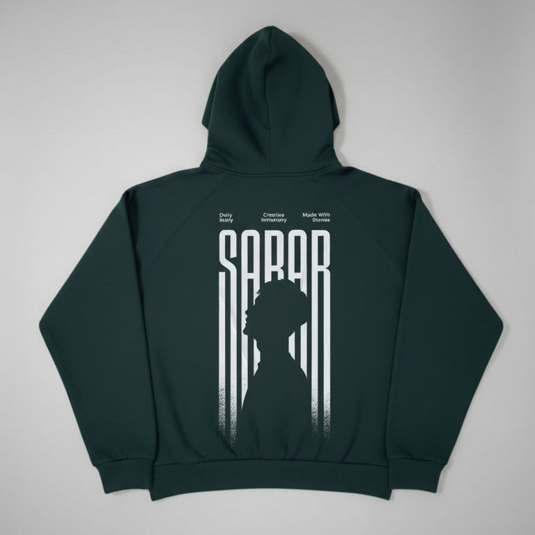 Green hoodie with 'SABAR' text and silhouette on a gray background