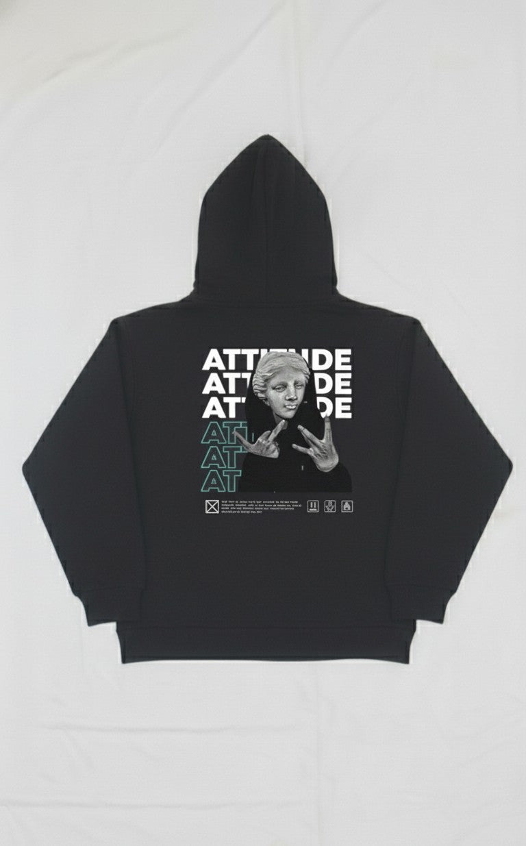 Black hoodie with graphic design on the back against a white background